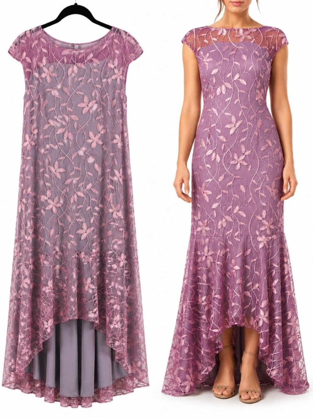 JS Collections Embroidered Mesh Sleeve Formal Gown Mauve Size 14
